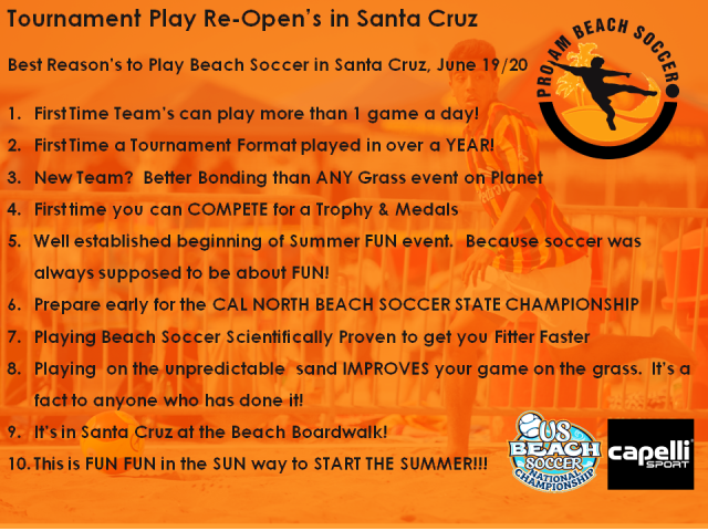 June 19/20th, Why Play Beach Soccer in Santa Cruz after June 15th Pandemic Re-Opening!?!