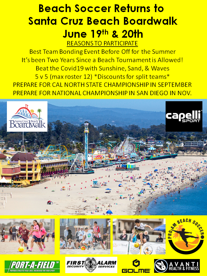 beach soccer flyer for Santa Cruz event